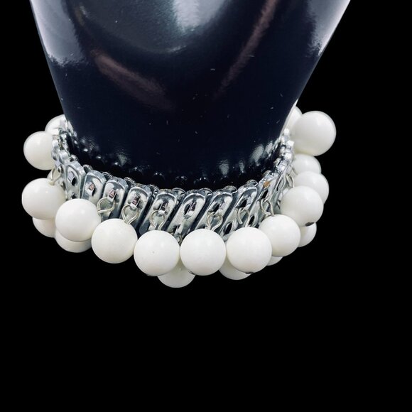 Chunky Silver Chain Bracelet White Beaded Stretch Statement Bold Modern Chic - Picture 5 of 9